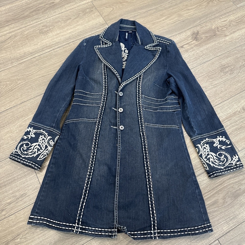 Zenim Denim Women's Embroidered Duster Denim Jacket Size Medium- Blue